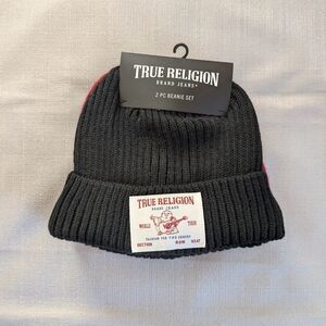 True Religion TWO Black and Red Knit Beanie Hat Adult Set NEW!